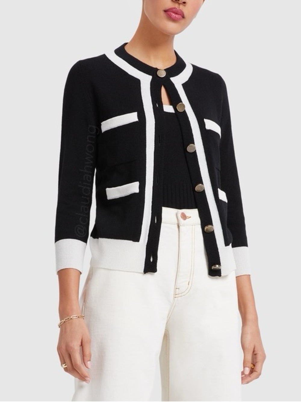 GWYN Hadley 100% Cashmere Tipped Cardigan in Black Ivory